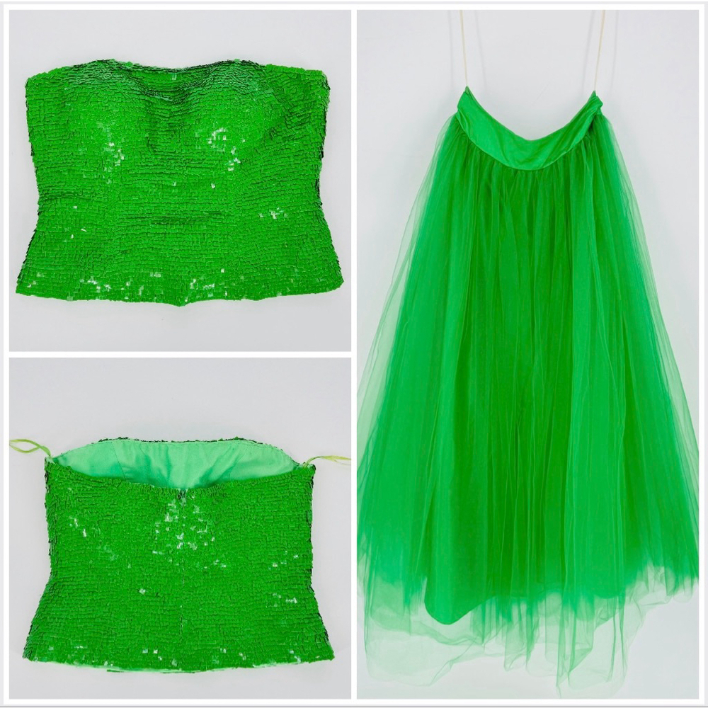 Y2K Prom Alyce Designs Green Sequin Strapless Top Tulle Skirt Set Size 8